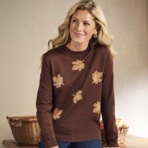 PLUS SIZE RETROLOGY TOSSED LEAF CREWNECK SWEATER| CHOCOLATE FONDANT COMBO |SZ 2X